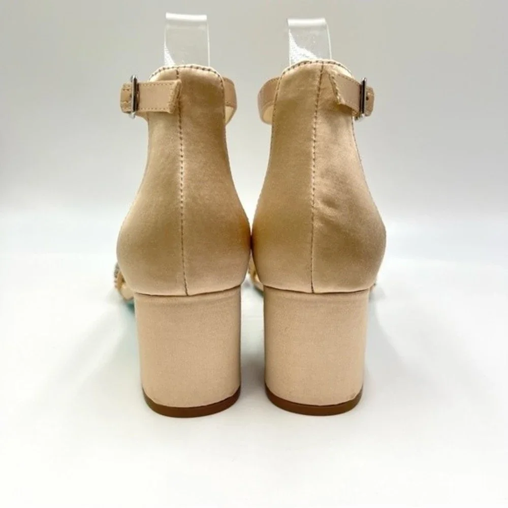 Betsey Johnson‎ Size 8.5 Jeweled Jewel Champagne Block Heels Dress Sandals Shoes